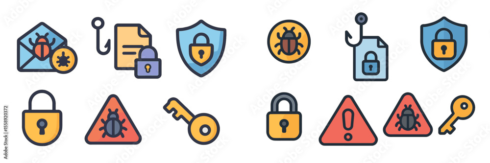 Aufkleber Collection of cybersecurity icons representing phishing, malware, and data protection concepts in flat design style
