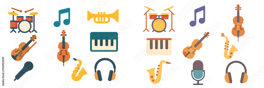 Poster colorful illustrations of musical instruments arranged in a balanced design for creative projects an