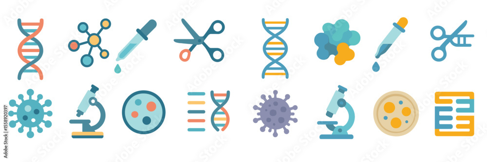 Poster science and research icons representing various biological and chemical concepts in a colorful desig