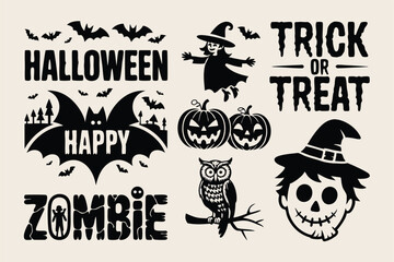 Obraz premium Black and White Halloween Graphics Bats, Witch, Pumpkins, Owl, Scarecrow, Zombie, and Trick or Treat