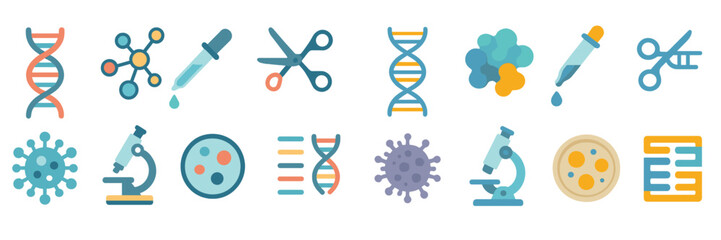 Science and research icons representing various biological and chemical concepts in a colorful design