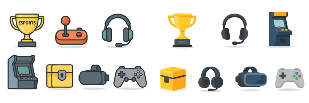 Collection of gaming icons showcasing esports, headsets, and arcade machines for a vibrant gaming environment - Powered by Adobe