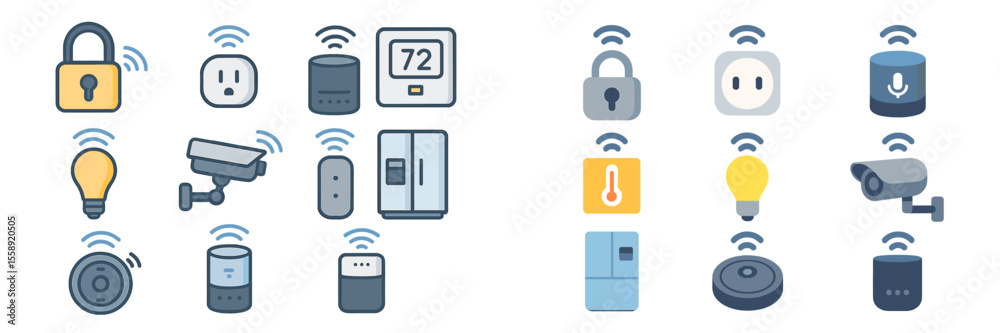 Poster smart home devices and their connectivity features showcased with various icons and symbols