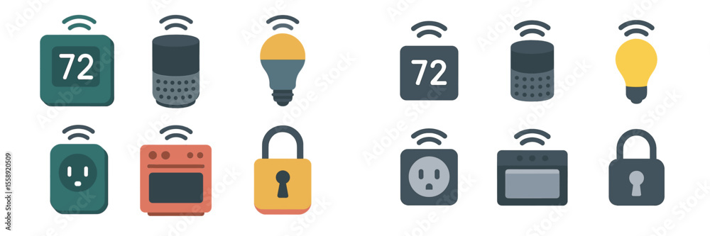 Poster Smart home devices displayed in a modern layout featuring temperature control, lighting, and security features