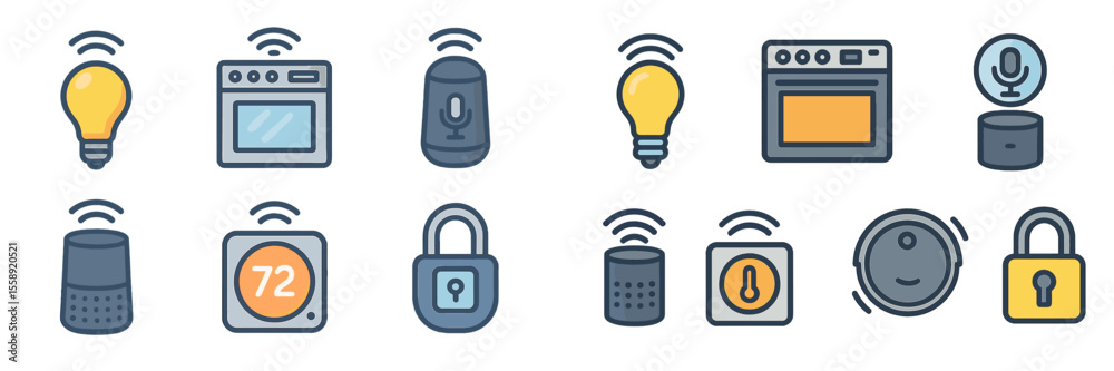 Poster smart home technology icons showcasing various connected devices for enhanced living convenience and