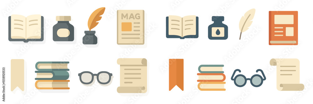 Poster Collection of flat design icons showcasing literary items and stationery elements on a white background