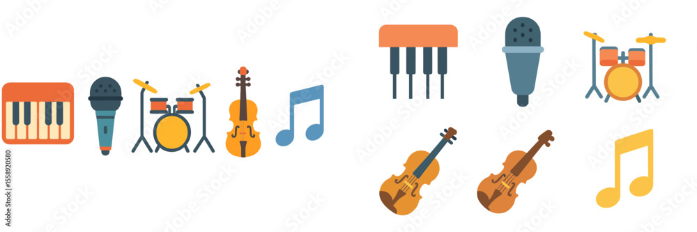 Poster musical instruments displayed in a creative and colorful arrangement, showcasing various genres and 