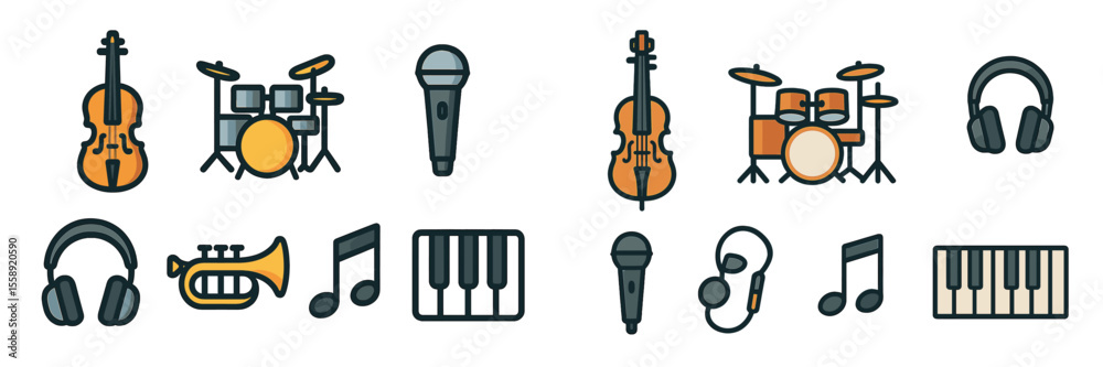 Poster musical instruments illustrated in a vibrant style showcasing various genres and tools of music crea