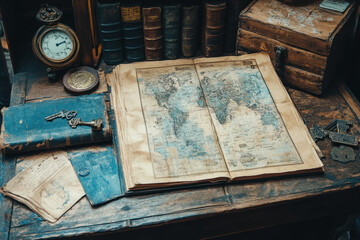 Ancient book open to a map.