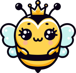 Cute Queen Bee Cartoon with Crown and Sparkly Eyes – Adorable Kawaii Insect Character for Kids and Nursery Designs