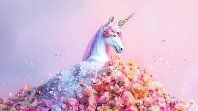 Unicorn with pastel pink and purple mane surrounded by magical flower petals in dreamy pastel setting evoking fantasy and magic atmosphere