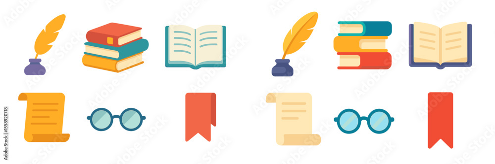 Poster colorful illustrations of books and writing tools set against a simple background showcasing reading