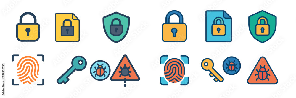 Poster icon set illustrating security concepts and themes featuring locks, keys, and protection symbols in 