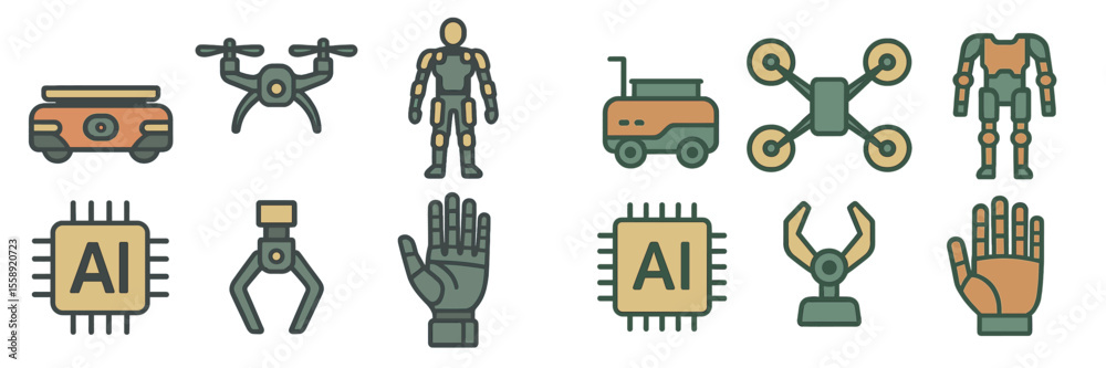 Poster Collection of robotic and AI technology icons showcasing various innovations and applications in automation and artificial intelligence
