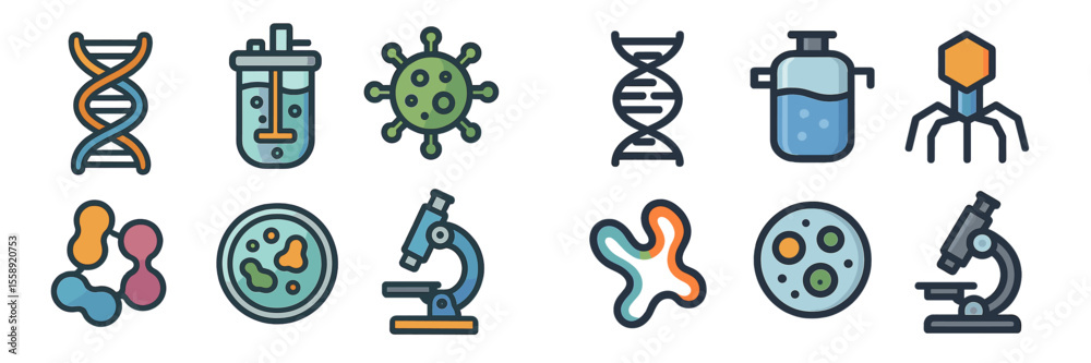 Aufkleber Icons representing biological research and science arranged in a grid pattern showcasing various concepts and elements