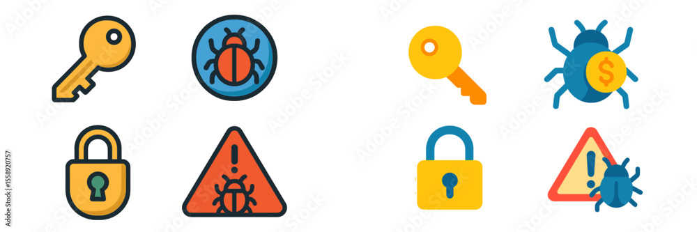 Poster collection of icons representing security, privacy, and digital threats in a colorful design
