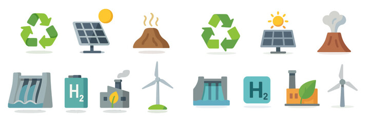 Renewable energy sources and sustainability icons illustrated in a modern flat design style for educational purposes