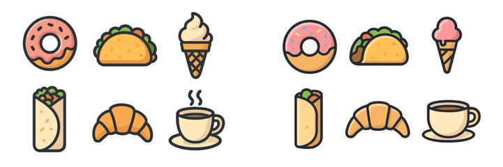 Obraz na płótnie Canvas Colorful illustrations of food items including donuts, tacos, ice cream cones, and coffee displayed in a playful arrangement