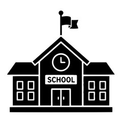 Black School Building Icon with Clock and Flag. This universally recognized symbol is ideal for educational themes, learning, academic settings, and community services