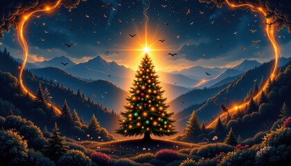 luminous christmas tree silhouetted against a dark blue, contemporary era mural wallpaper depicting a dense jungle forest, mountain ridges emerge in the distance