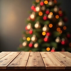     Rustic Wooden Table with Warm Natural Grain in Festive Christmas Background Featuring Bokeh Lights and Decorated Tree – Cozy Holiday Mockup Scene