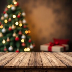     Rustic Wooden Table with Warm Natural Grain in Festive Christmas Background Featuring Bokeh Lights and Decorated Tree – Cozy Holiday Mockup Scene