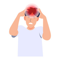Man holding head, unwell, severe headache. Illness of Migraine. Vector illustration on white background.
