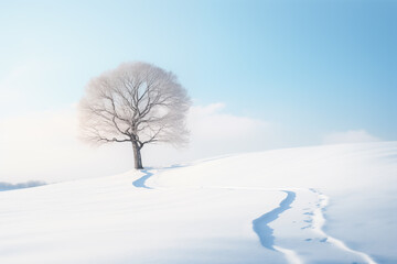 Minimalist Winter Landscape with Lone Bare Tree and Snowy Footprints under Clear Sky