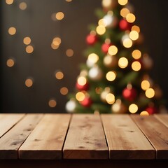     Rustic Wooden Table with Warm Natural Grain in Festive Christmas Background Featuring Bokeh Lights and Decorated Tree – Cozy Holiday Mockup Scene