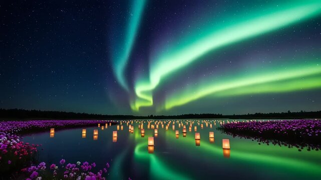 Aurora borealis over a lake with floating lanterns and flowers.