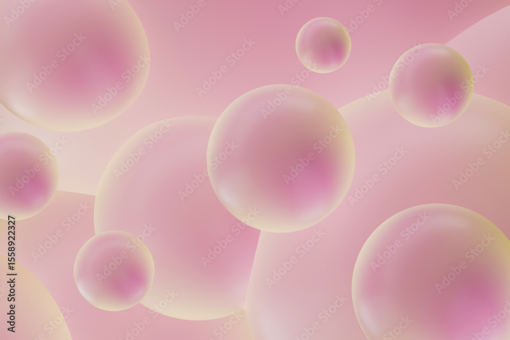 Poster Futuristic spherical pattern background  with translucent pink bubbles and soft lighting in calm atmosphere. 3D rendering. Airy abstract pattern.
