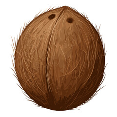 Whole coconut with hairy brown exterior and visible eyes, vector design