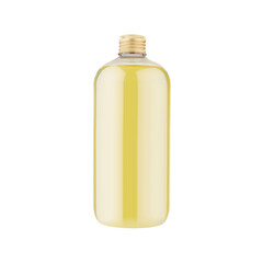 Elegant plastic bottle with clear, yellow liquid, likely an essential oil, mockup, isolated. Shiny...