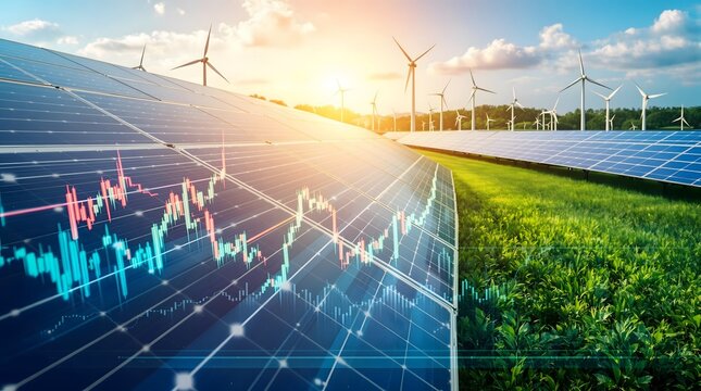 Solar panels and wind turbines with financial data overlay, representing sustainable energy investment.