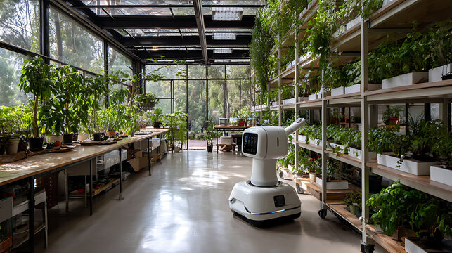 Automated greenhouse with robot tending plants and herbs for indoor gardening innovation technology