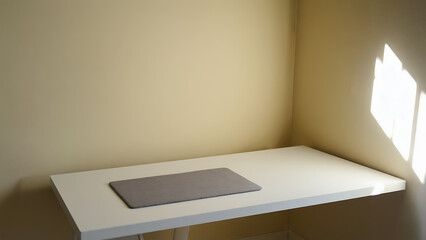 Minimalist workspace featuring a white desk, gray mat, and natural light creating a serene and productive atmosphere.