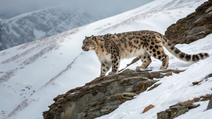 Fototapeta premium Snow leopard walking on rocky terrain in a snowy landscape.