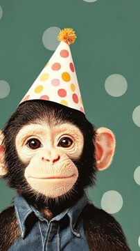 Cute baby chimpanzee wearing a colorful party hat and denim shirt against a playful polka dot green background