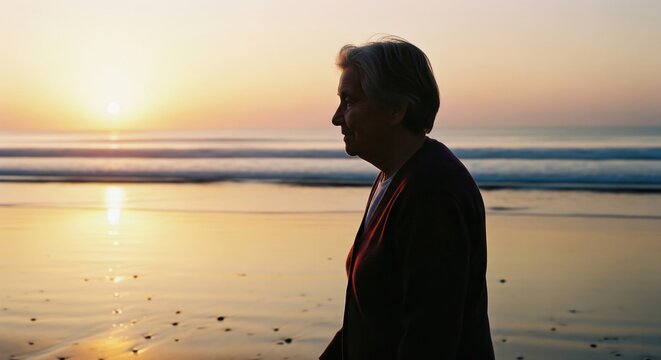 Silhouette of Senior Man Contemplating Sunset on Beach, Reflective Mood