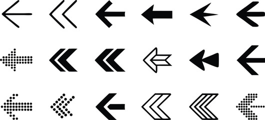 Grid of Various Arrow Icons Pointing Leftward on Background in Different Styles arrows