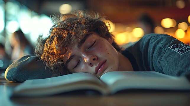 Dreamy student rests amidst open book