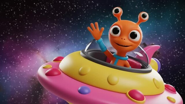 Colorful cartoon alien character waving from a spaceship in outer space with vibrant cosmic background