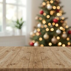     Rustic Wooden Table with Warm Natural Grain in Festive Christmas Background Featuring Bokeh Lights and Decorated Tree – Cozy Holiday Mockup Scene