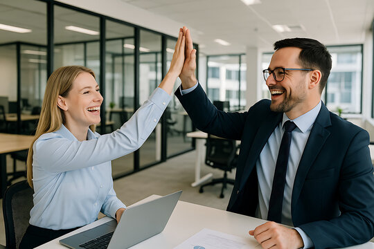 Excited colleagues high five in modern office business success