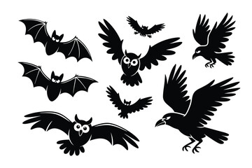 Obraz premium Silhouette Art Flying Bats, WideEyed Owls, and Ravens on a White Background