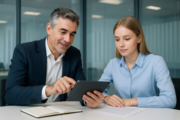 Man and woman collaborating on tablet in office business collaboration