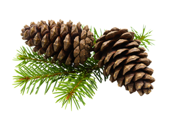 Two large pine cones on a green spruce branch isolated on transparent background