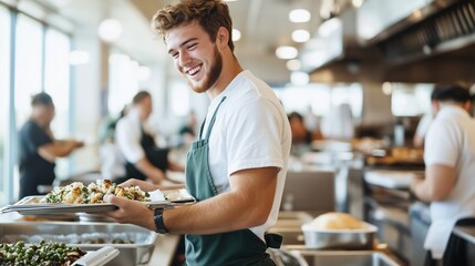 Young chef serving freshly prepared dishes in a busy restaurant kitchen during lunch service