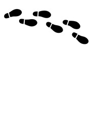 Black human footprint, tracking path on white background