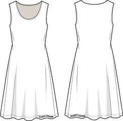 Sleeveless skater dress front and back flat view, minimal design, technical fashion cad drawing vector template for sewing and illustration © Titan